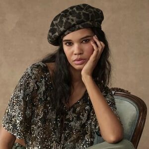 Free People X Understated Leather Womens Penny Leopard Beret One Size NWT